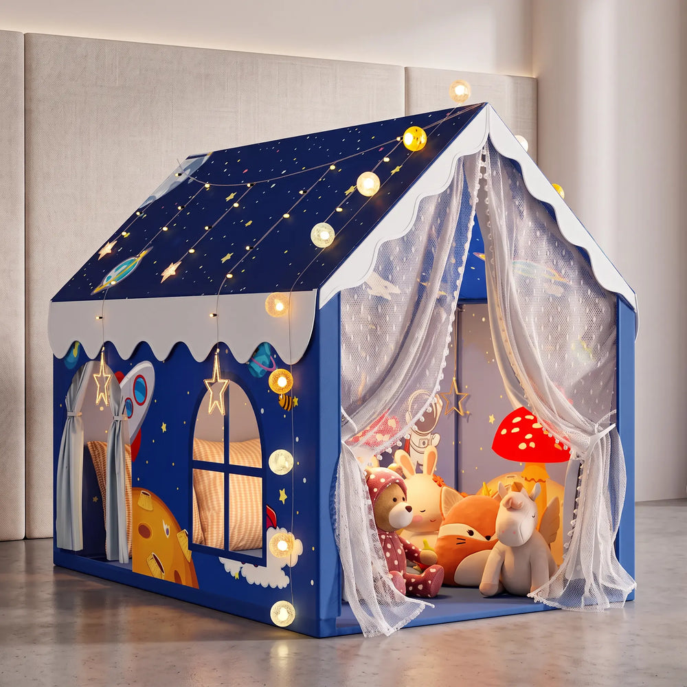 Cosmic Astronaut themed children's play tent featuring a dark blue starry roof with LED fairy lights, detailed spaceship and planet illustrations, and white lace curtain doors, shown indoors with plush toys.