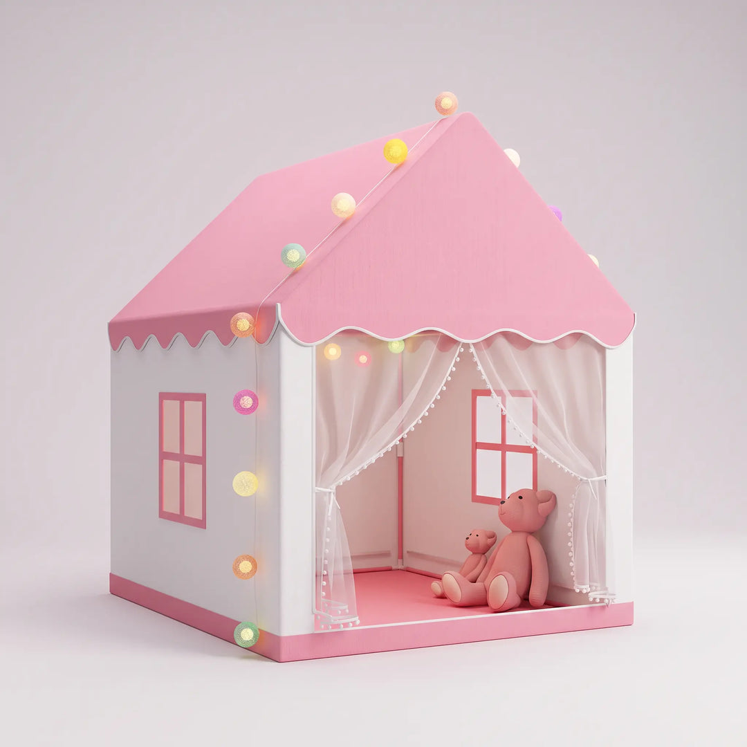 Pink and white princess castle play tent with scalloped pink roof, white mesh curtain entrance, and colorful LED string lights, featuring two teddy bears inside.