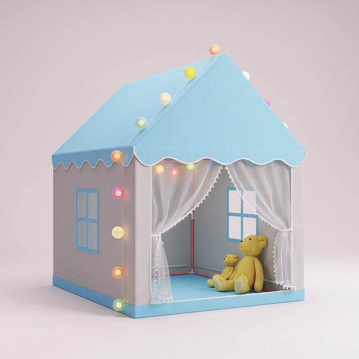 Blue and grey ToyHare princess castle play tent with a scalloped pink roof and decorative colorful fairy lights, featuring mesh window curtains and two teddy bears inside.