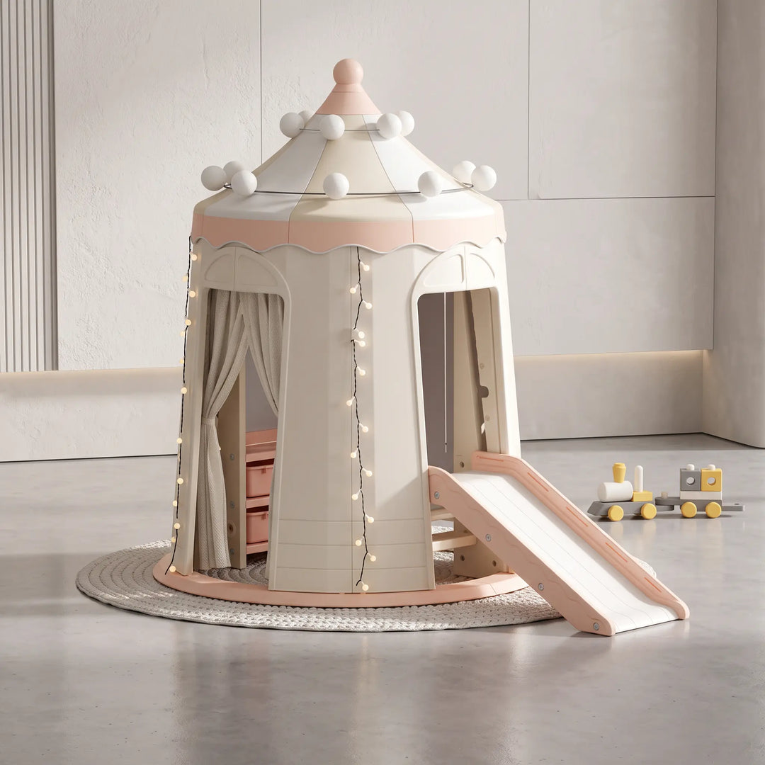 Creamy beige ToyHare indoor play castle tent with a pink trim, white slide, and grey curtains, set on a play mat in a child's room.