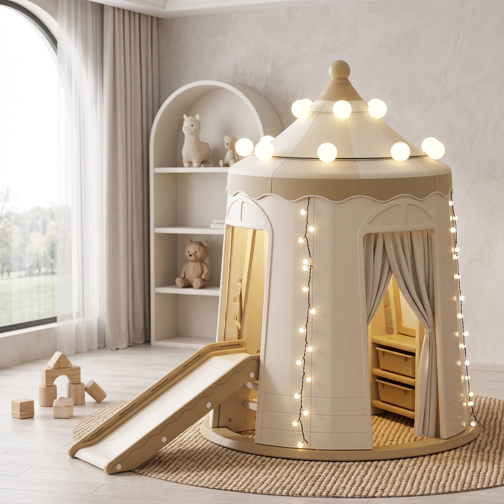 Creamy beige ToyHare castle play tent with pastel pink trim and decorative lights, featuring a white slide and light grey curtains in a child's room.