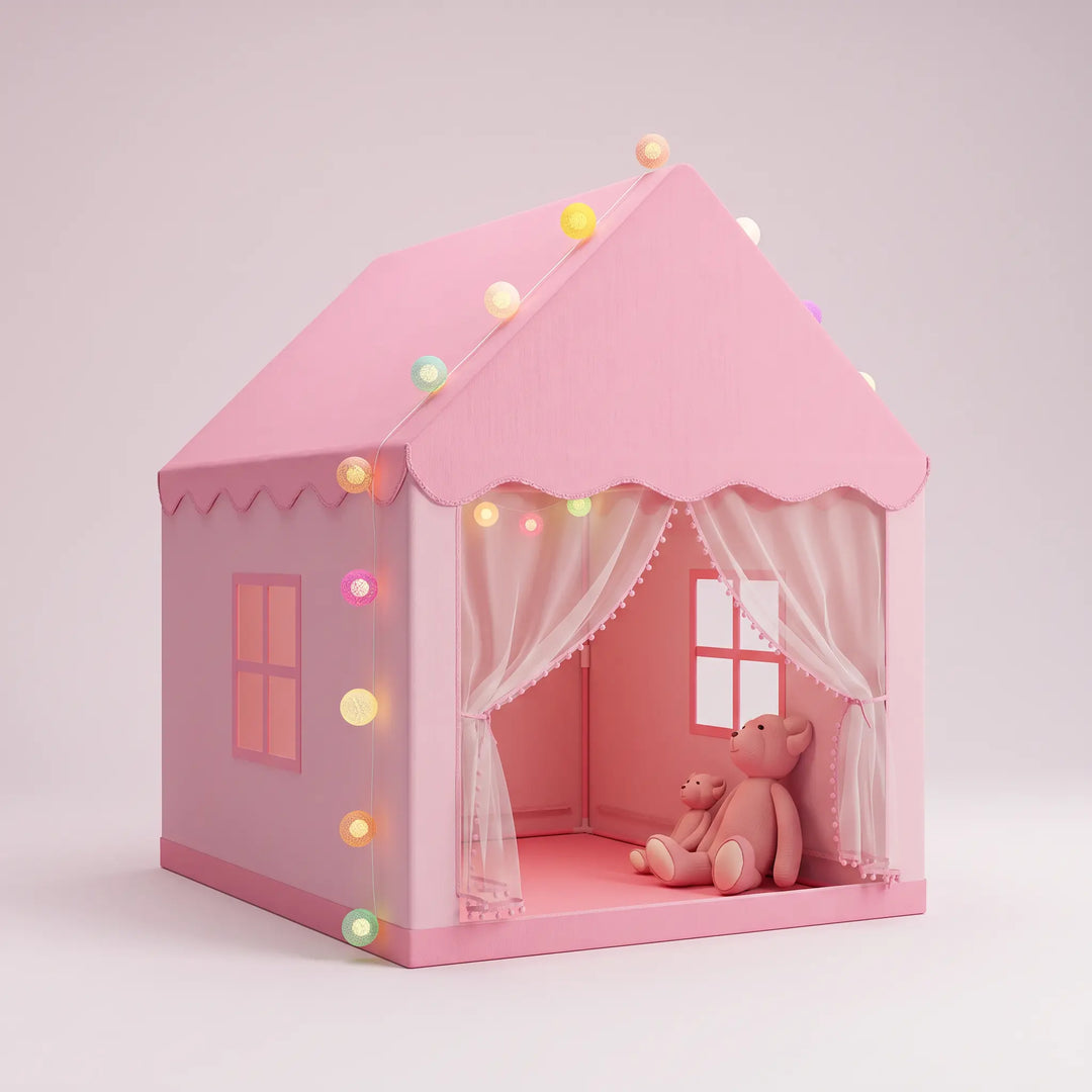 Pink and grey ToyHare princess castle play tent for kids, featuring a scalloped roof, curtained entrance with white netting, and colorful LED string lights, shown with two teddy bears inside.