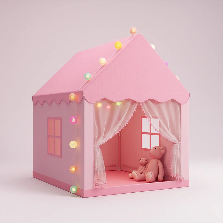Pink and grey ToyHare princess castle play tent for kids, featuring a scalloped roof, curtained entrance with white netting, and colorful LED string lights, shown with two teddy bears inside.
