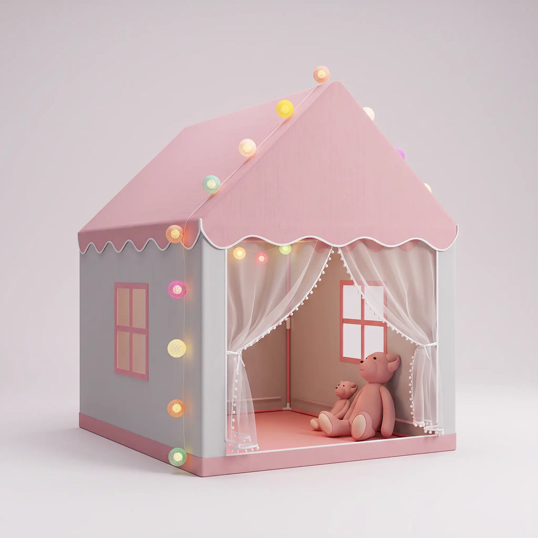 ToyHare pink and grey princess castle play tent with scalloped roof, mesh curtains, and colorful LED fairy lights, featuring two teddy bears inside.