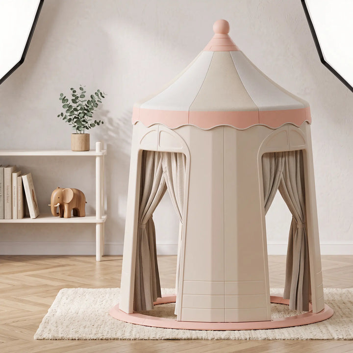 Creamy beige plastic castle playhouse for children with pastel pink trim and light grey curtains, featuring integrated dimensions of 170cm height and 130cm diameter. Smooth molded panels create a whimsical structure for imaginative play.