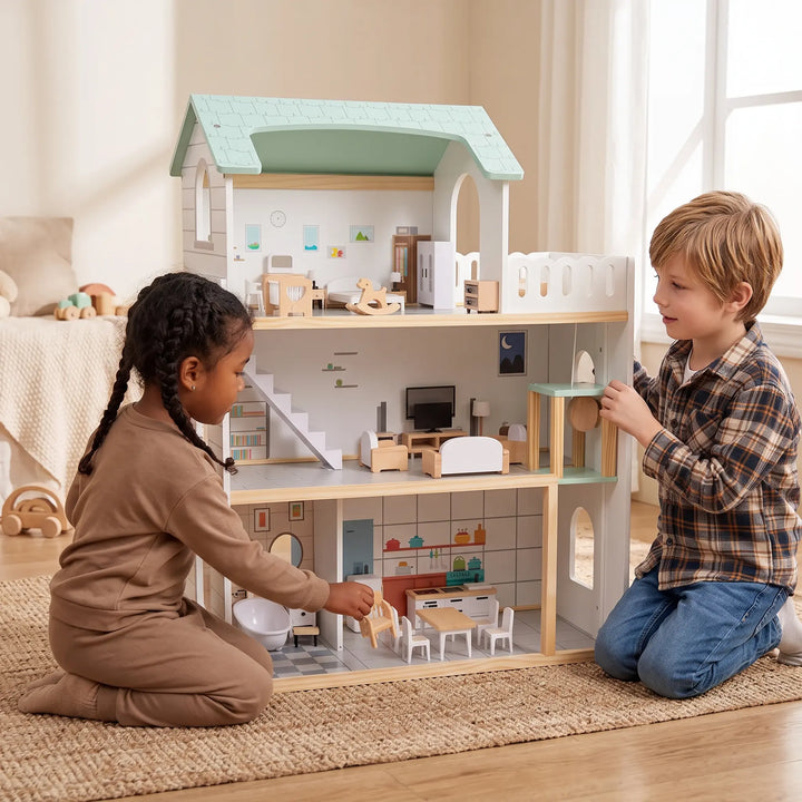 Two children playing with a three-story wooden dollhouse, showcasing its detailed rooms and miniature natural wood furniture in a home setting.