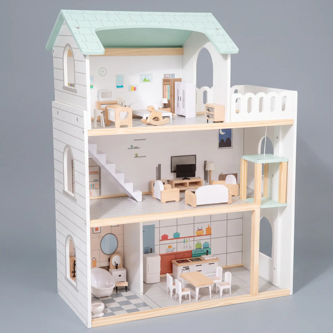 Three-story wooden dollhouse with a pale mint green pitched roof, white siding, and detailed interior rooms filled with miniature natural wood furniture.