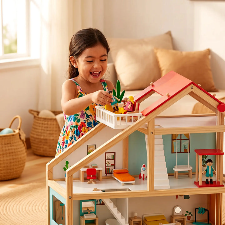 A joyful young girl plays with a three-story wooden dollhouse, placing miniature figures on its balcony.