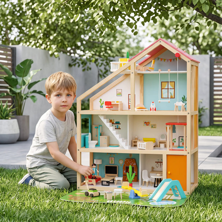 A young boy kneels on green grass, playing with a three-story wooden dollhouse in an outdoor setting. The dollhouse features a red roof, natural wood frame, and detailed interior rooms, with a garden mat including a slide and swing set.