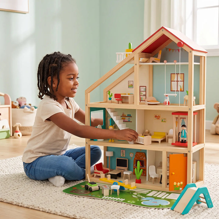A young girl plays with a three-story wooden dollhouse, arranging furniture and figures in a vibrant, detailed interior, set against a soft, indoor backdrop.