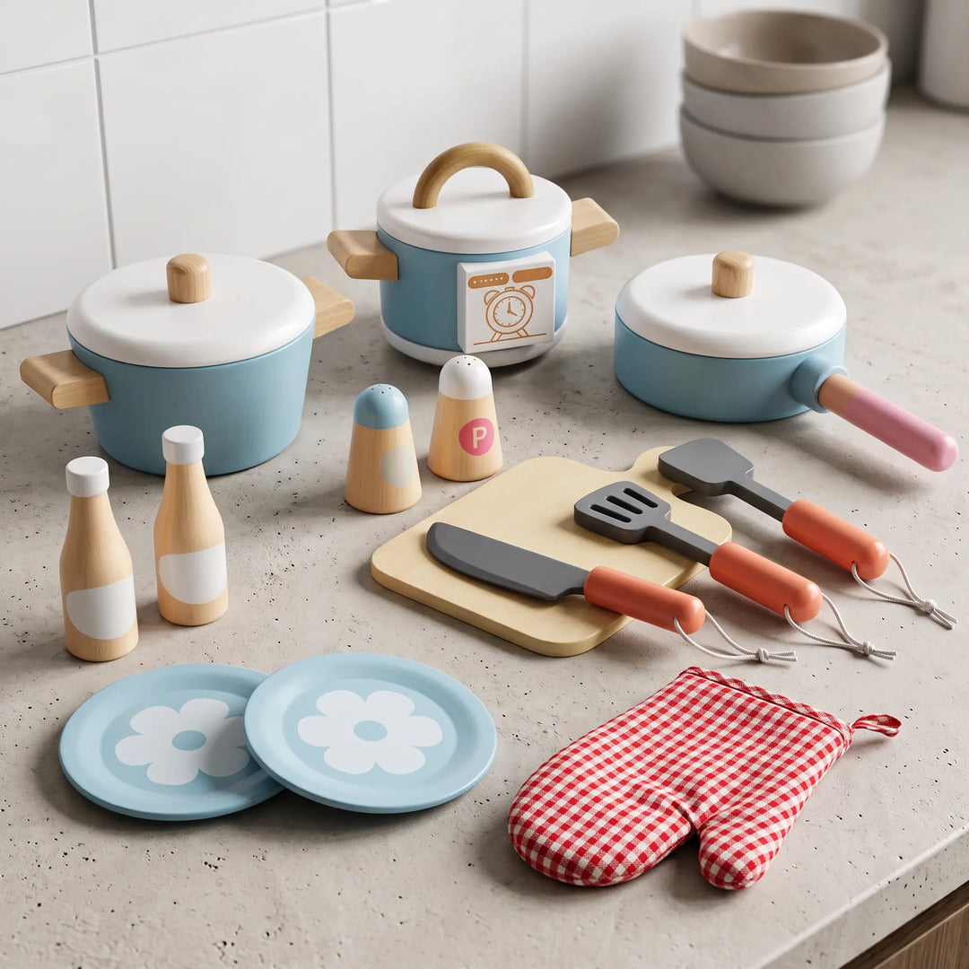 ToyHare wooden kitchen playset accessories including pots, pans, utensils, plates, salt and pepper shakers, and play food, displayed from a top-down view.