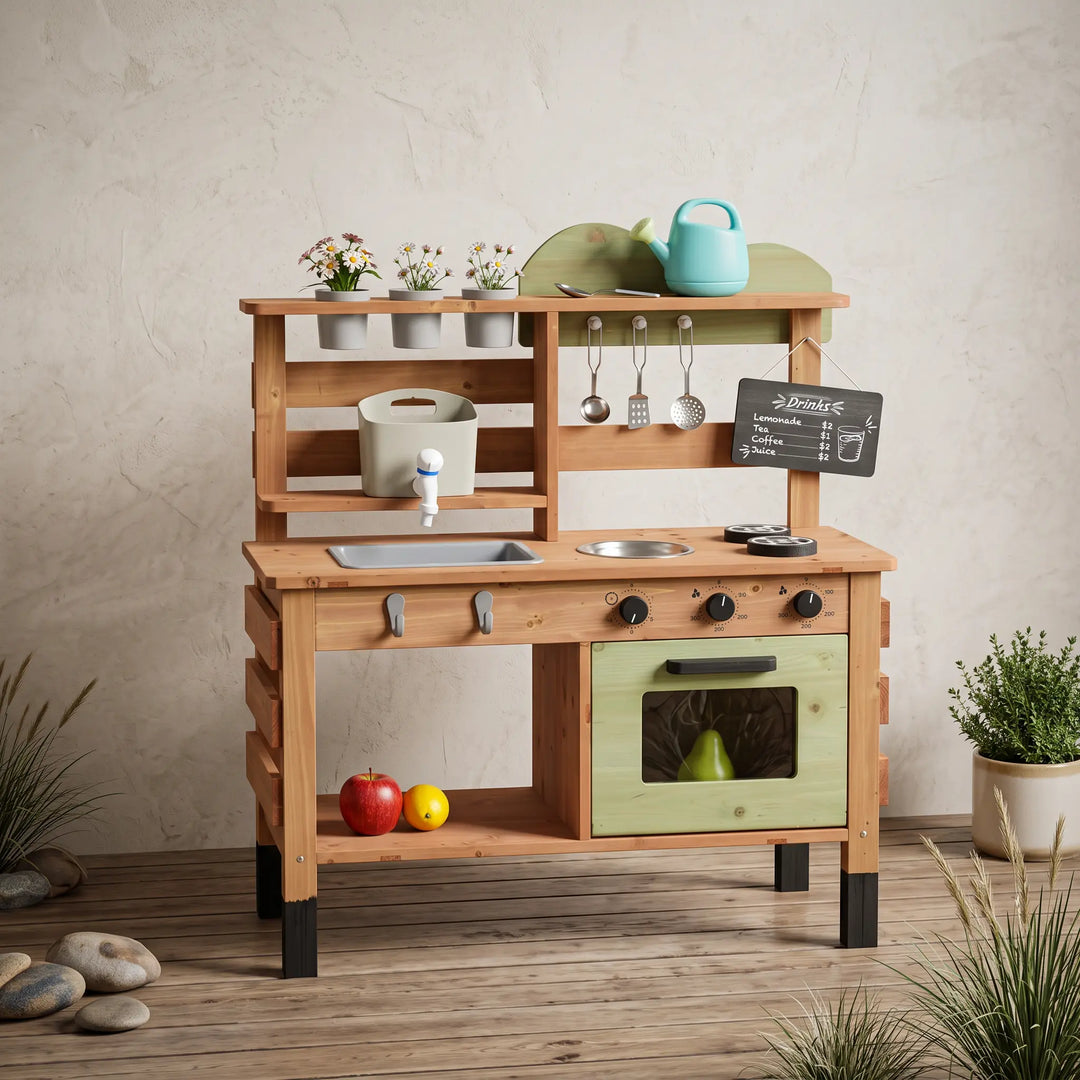 Wooden outdoor kitchen playset with sink, stovetop, green oven, and accessories, shown in a garden with a chalkboard menu. Features natural wood finish and a blue watering can.
