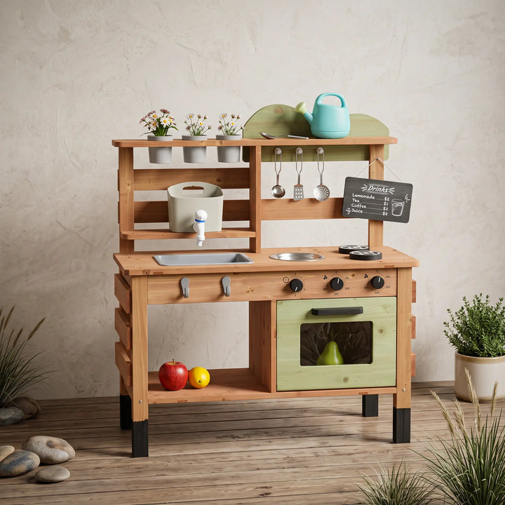 Wooden outdoor kitchen playset with sink, stovetop, green oven, and accessories, shown in a garden with a chalkboard menu. Features natural wood finish and a blue watering can.