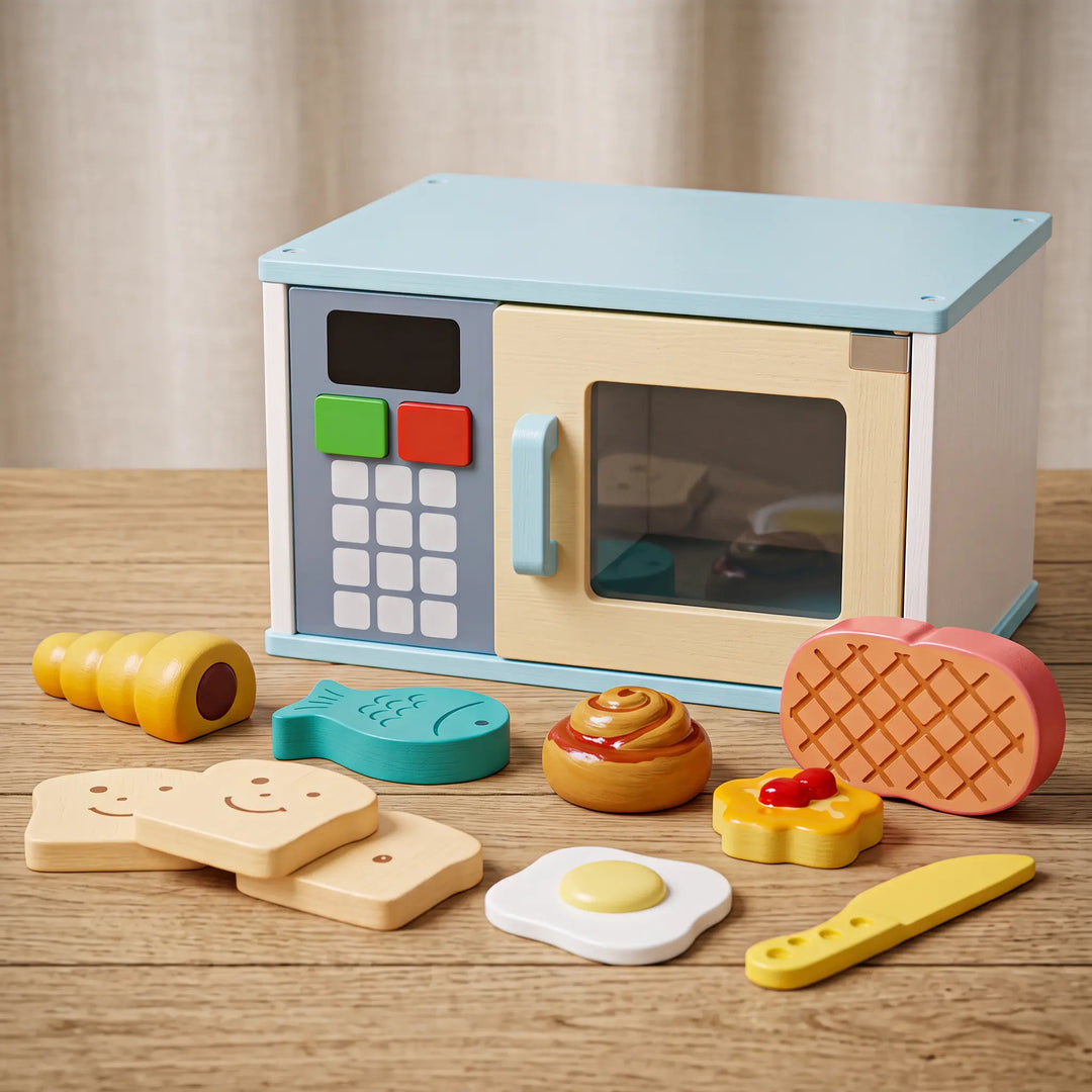 ToyHare wooden toy microwave with food accessories including toast, egg, fish, and pastry on a table.