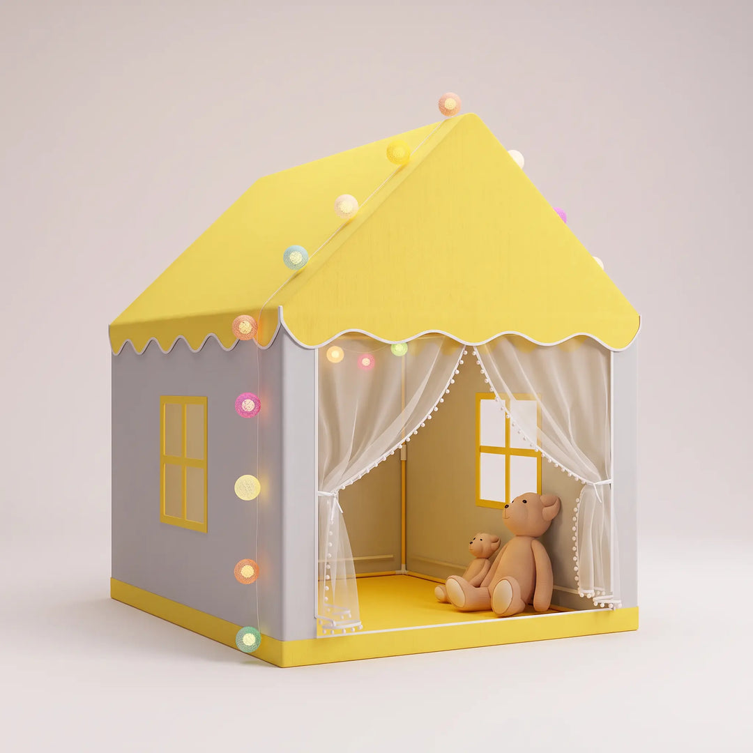 ToyHare yellow and grey princess castle play tent, featuring colorful LED string lights and sheer white curtains, with teddy bears inside.