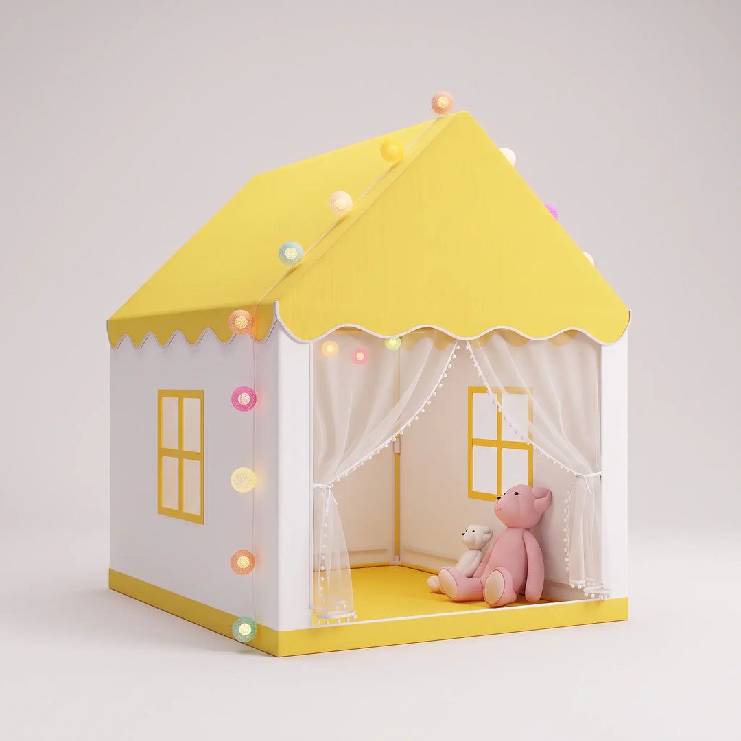 ToyHare yellow and white princess castle play tent with LED fairy lights and curtained entrance, featuring two teddy bears inside.
