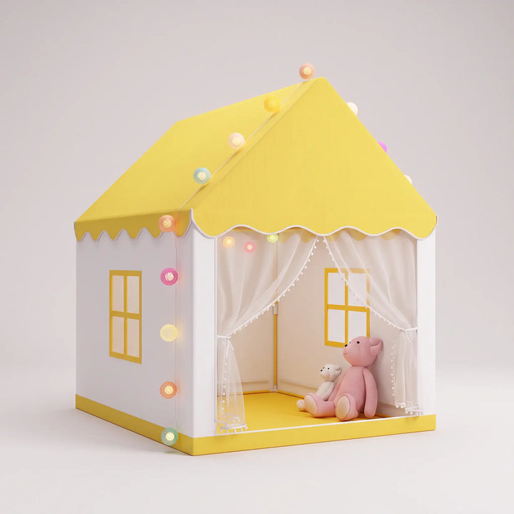 ToyHare yellow and white princess castle play tent with LED fairy lights and curtained entrance, featuring two teddy bears inside.