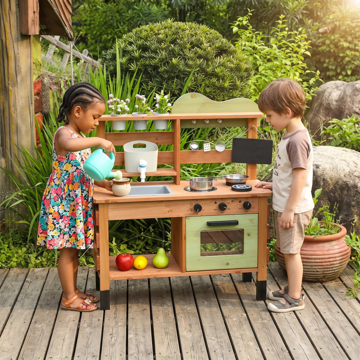 Children playing with a wooden outdoor kitchen playset featuring a sink, faucet, stovetop, oven with a clear window, and integrated planter boxes.