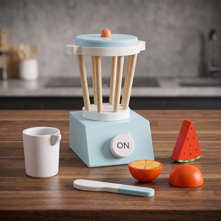 Wooden toy blender set with accessories including a cup, orange slice, watermelon slice, and knife, featuring pastel blue and white colors.